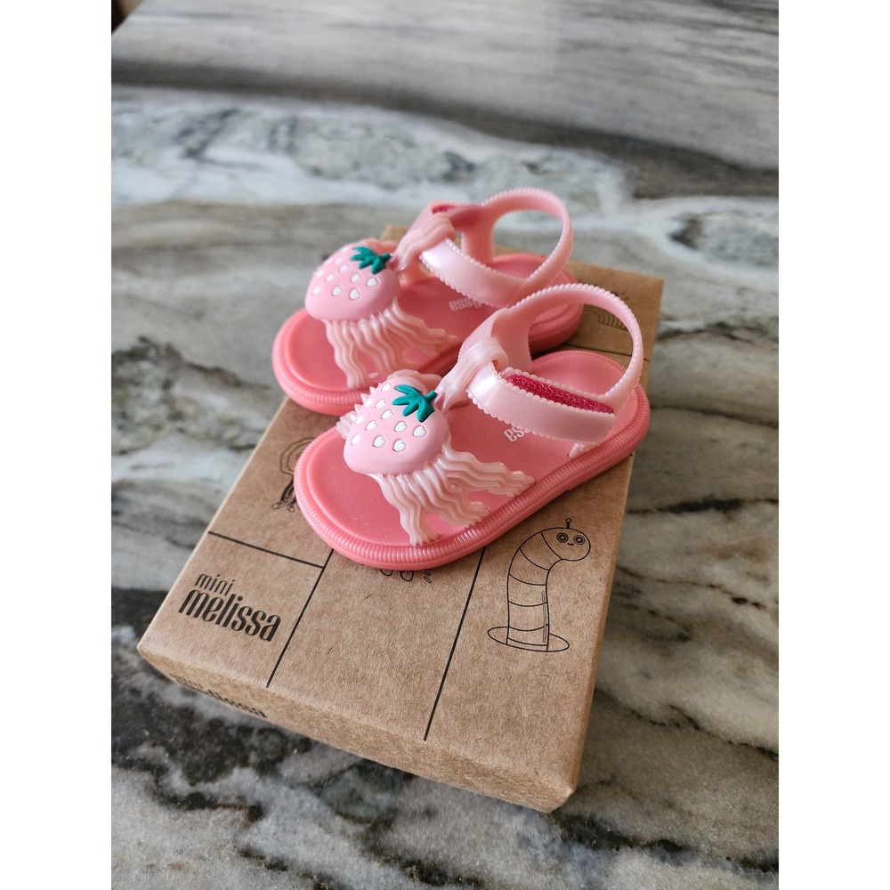 Mini Melissa Pink Jelly Sandals with Teal Strawberry Leaf